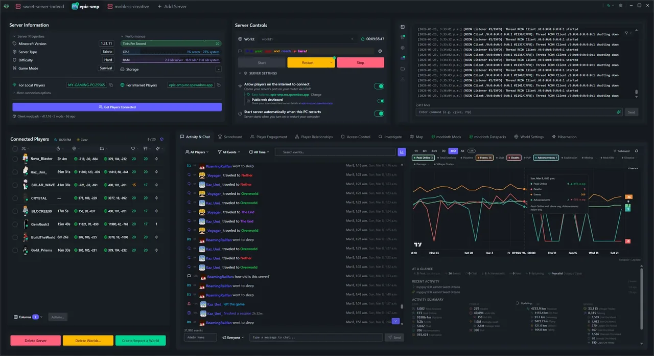 SpawnBox navigating through its interface - world map, scoreboards, player profiles, investigation tools, and more - view 2