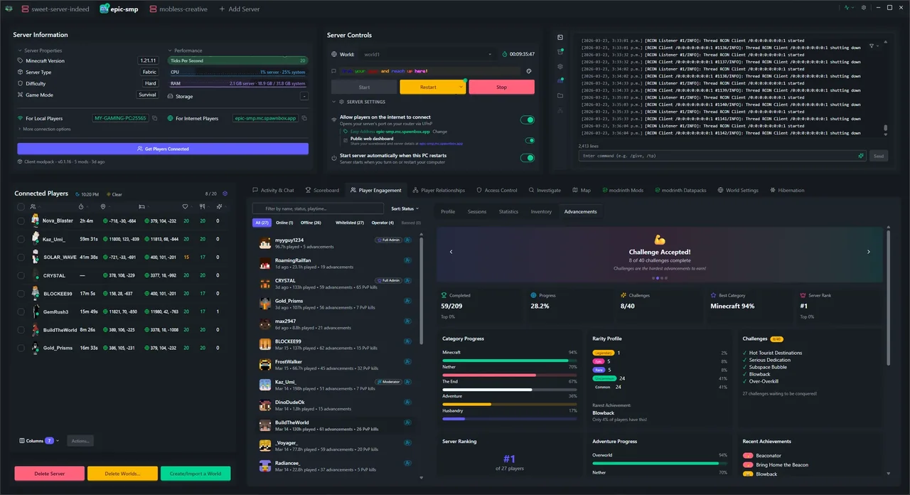 SpawnBox navigating through its interface - world map, scoreboards, player profiles, investigation tools, and more - view 11