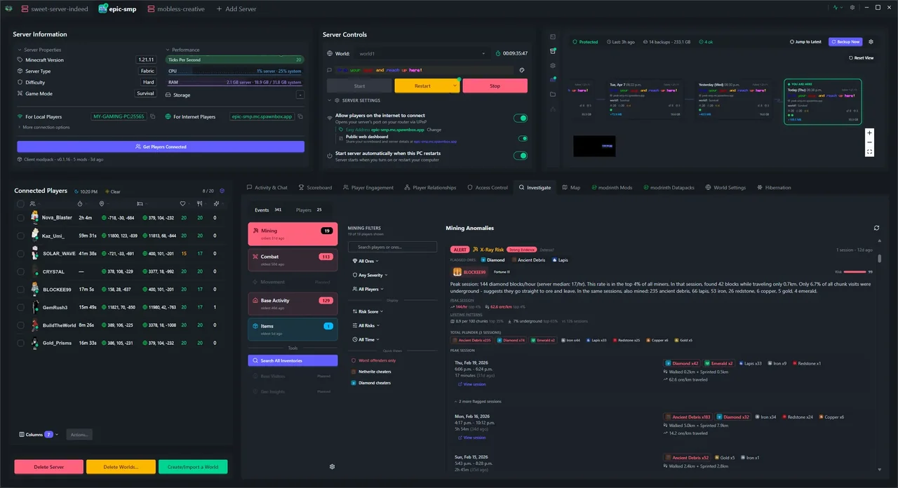 SpawnBox navigating through its interface - world map, scoreboards, player profiles, investigation tools, and more - view 14